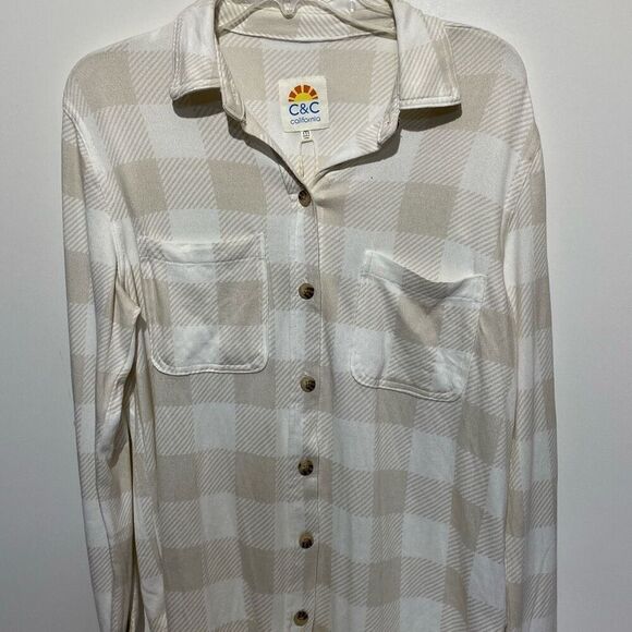 C&C California Women's Tan White Plaid Long Sleeve Button Up Shirt Medium NWT - Picture 1 of 10